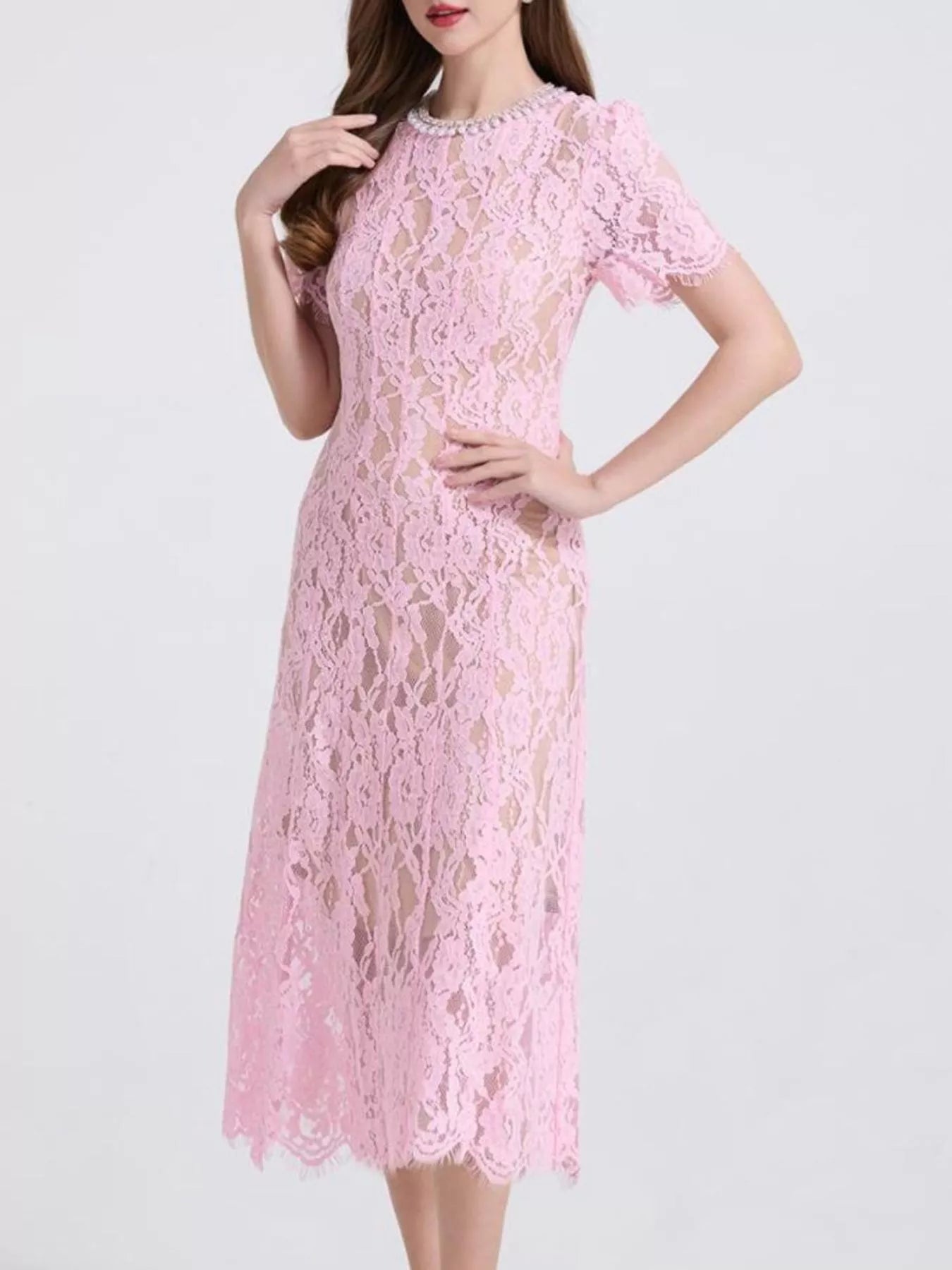 Lace Pearl Neckline Midi Dress