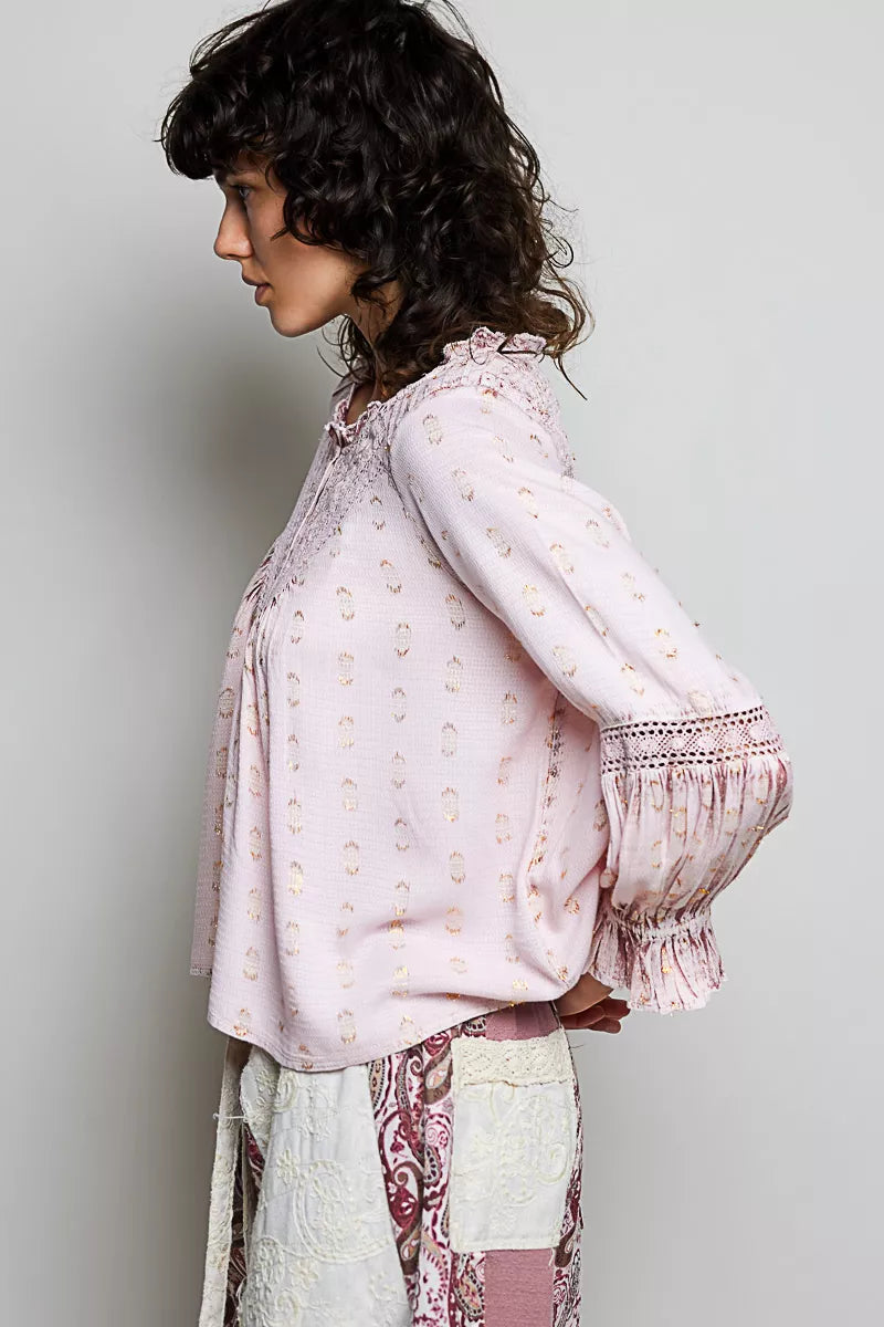 POL Mixed-Pattern Lace Detail Blouse