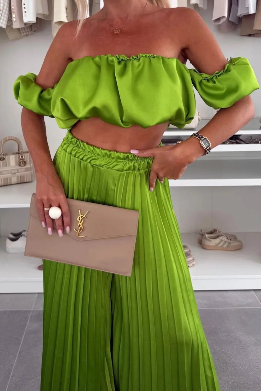 Off-Shoulder Top and Pleated Pants Set