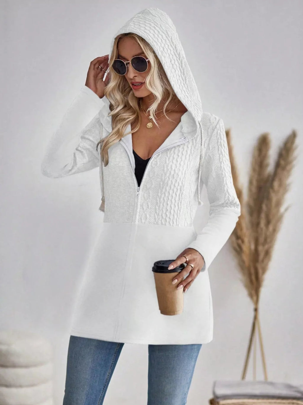 Drawstring Textured Zip Up Drawstring Hooded Jacket