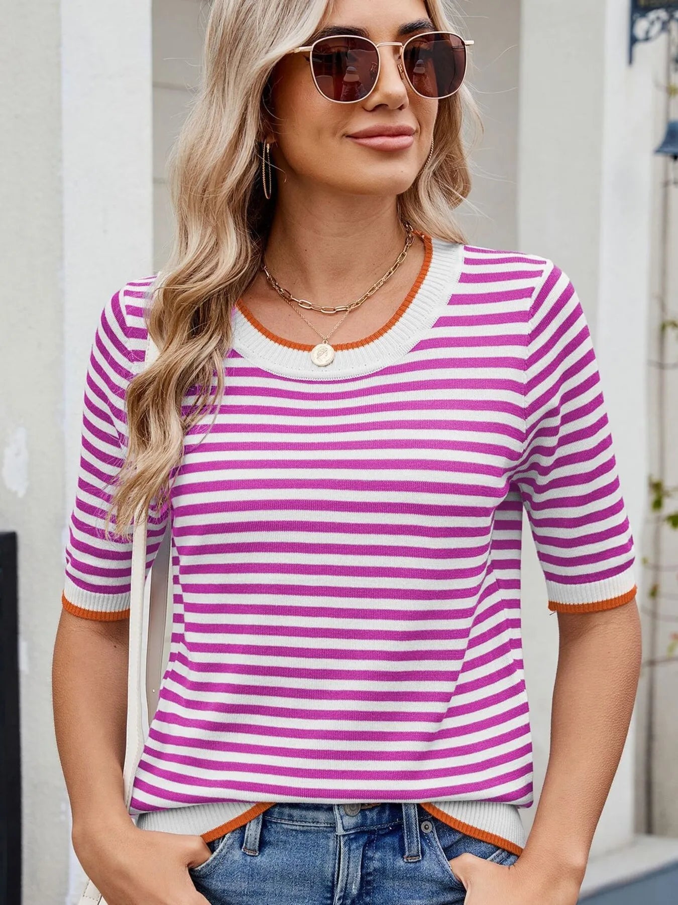Striped Casual T-Shirt with Contrast Trim