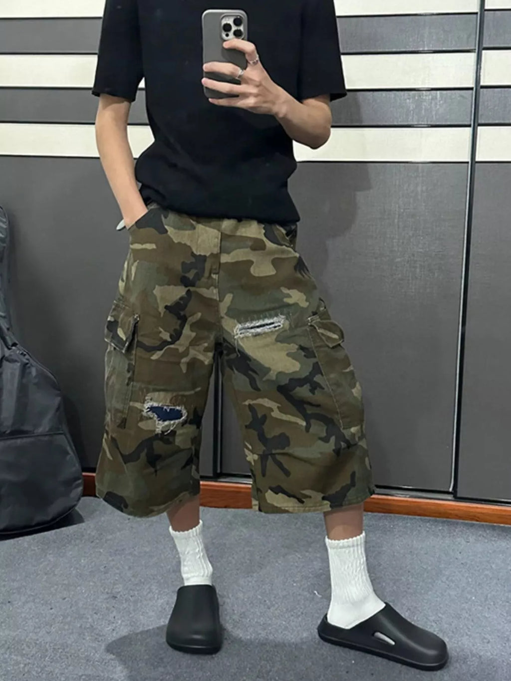 Men's Full Size Camouflage Cargo Denim Shorts with Distressed Details Plus Size