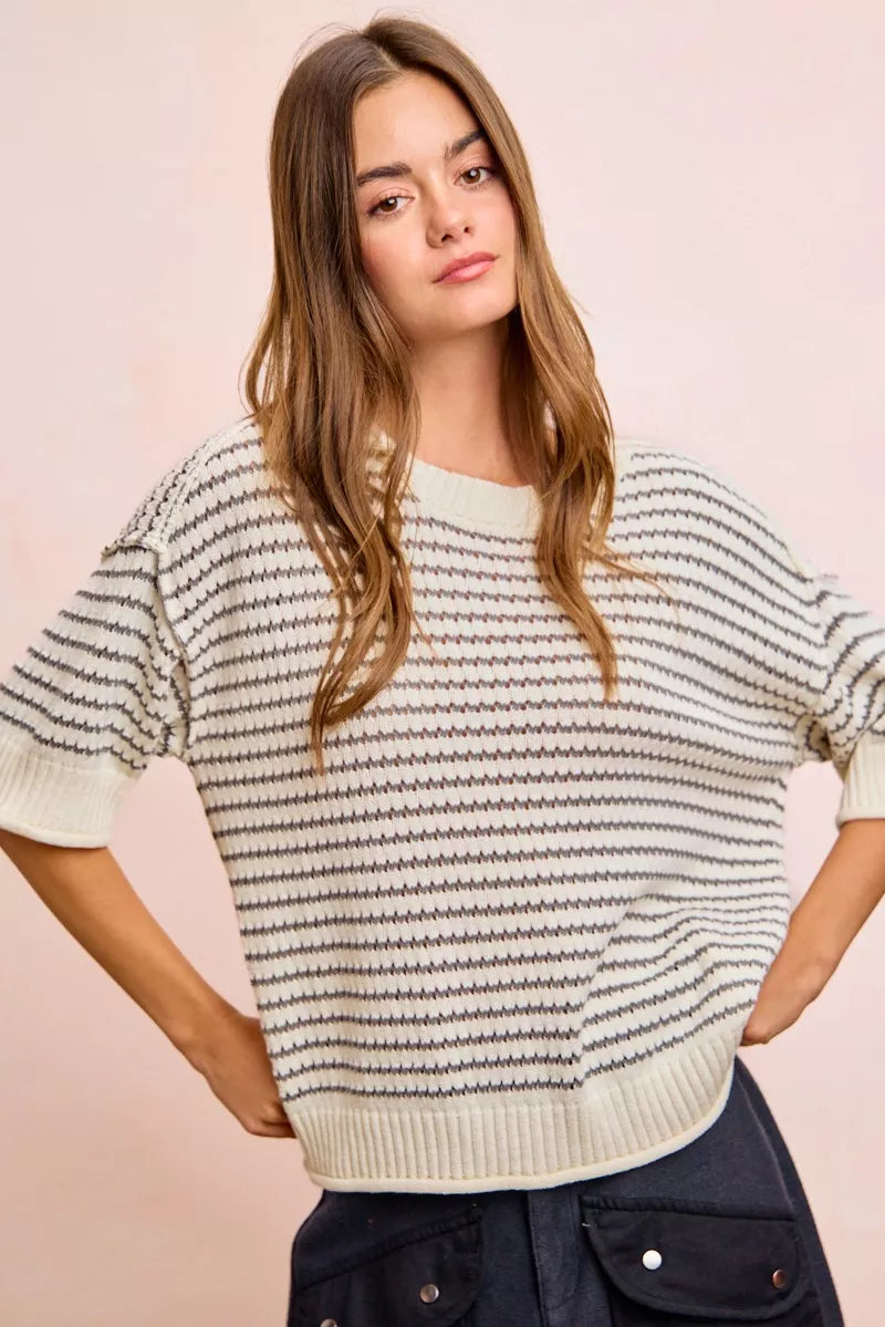 BiBi Stripes Short Sleeves Rib Banded Outseam Knit Top