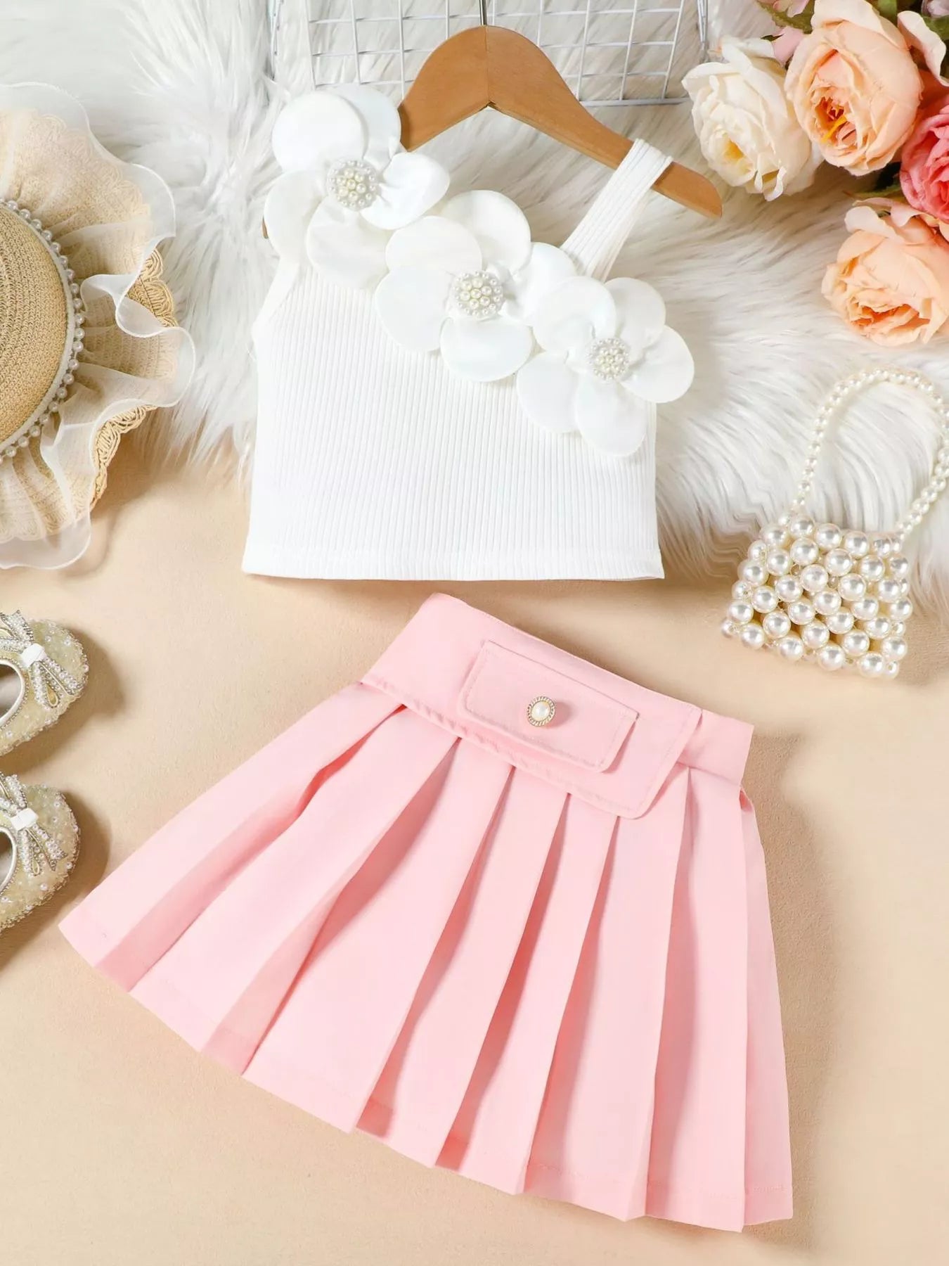 Children's Floral Applique Tank Top & Pleated Skirt Set