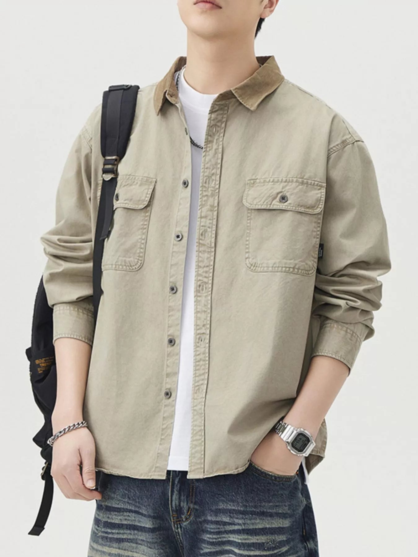 Men's Plus Size Button Up Shacket with Dual Chest Pockets