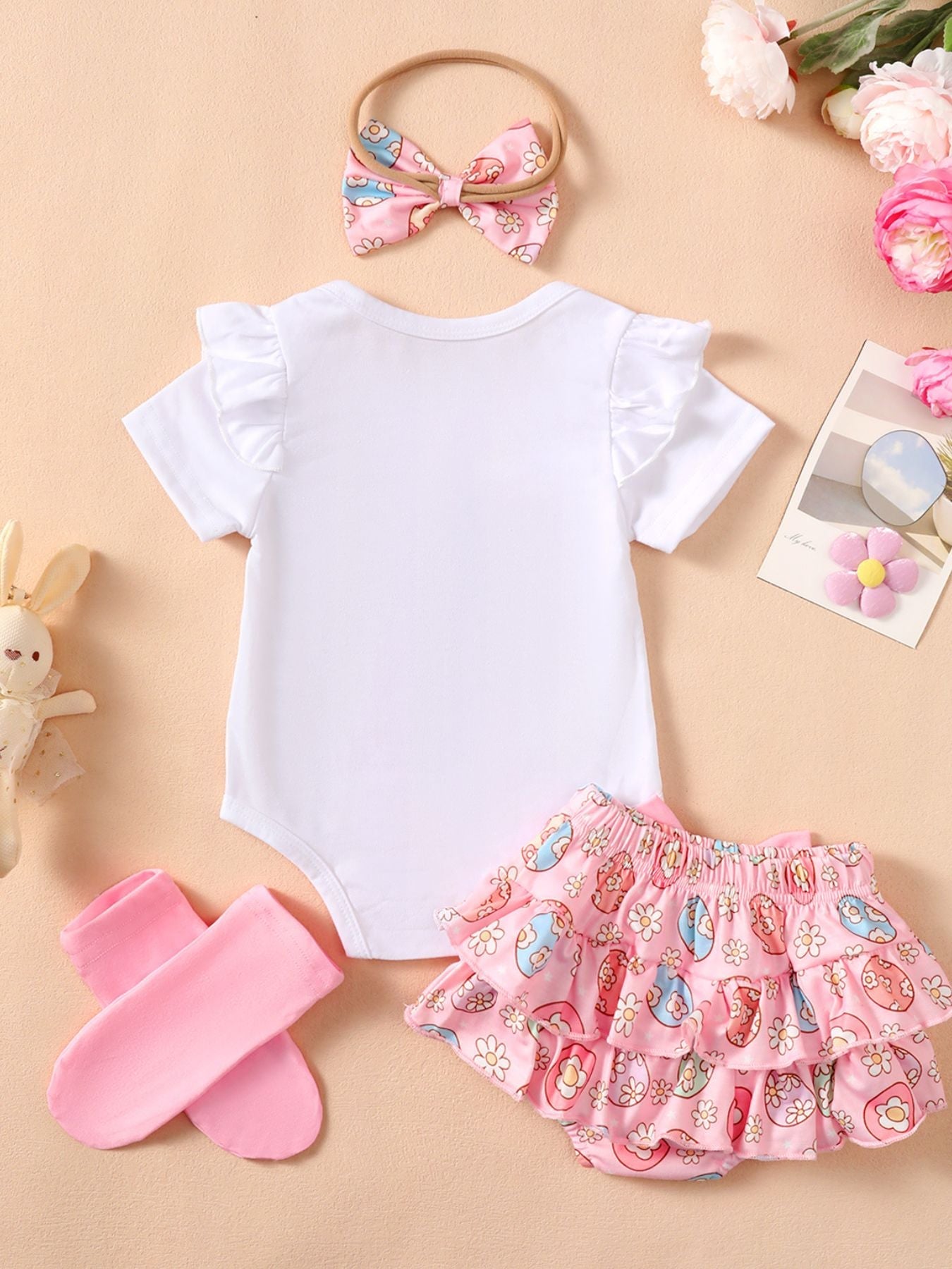 Children's Ruffled Trim Bodysuit and Skirt Set with Headband