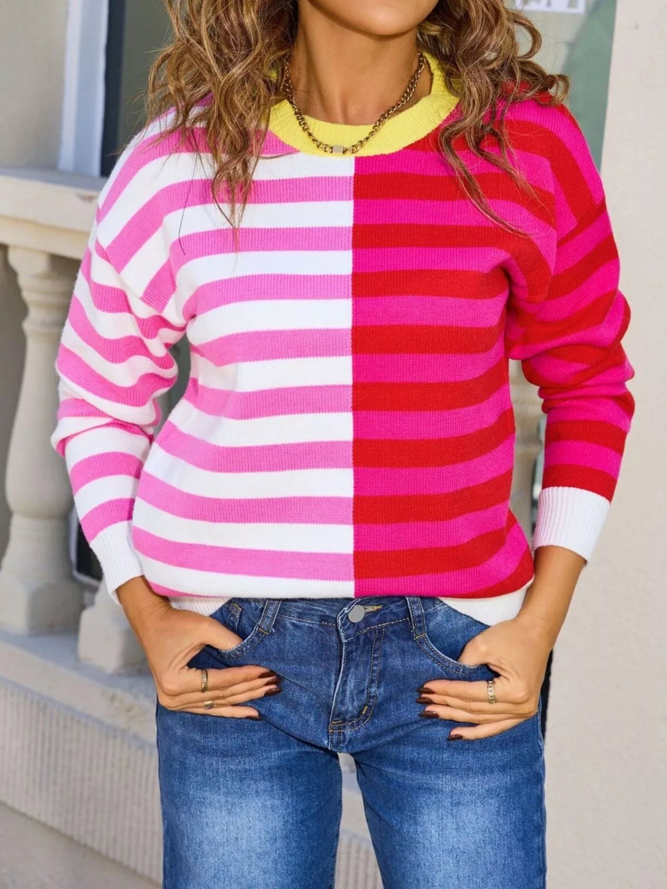 Striped Round Neck Long Sleeve Sweater