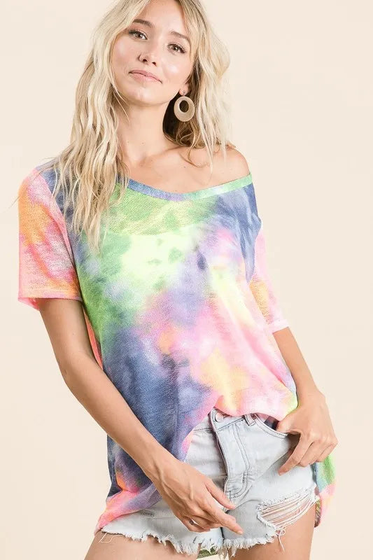 BiBi Tie Dye Print Low Gauge Deep U Neck Top