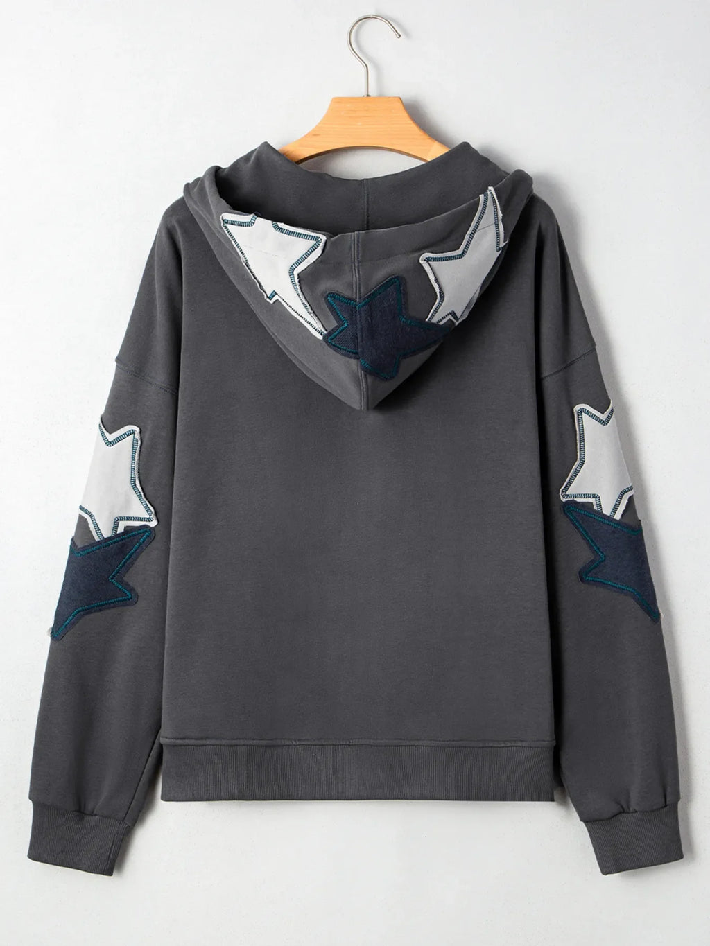 Star Patchwork Contrast Stitching Mineral Wash Kangaroo Pocket Hoodie