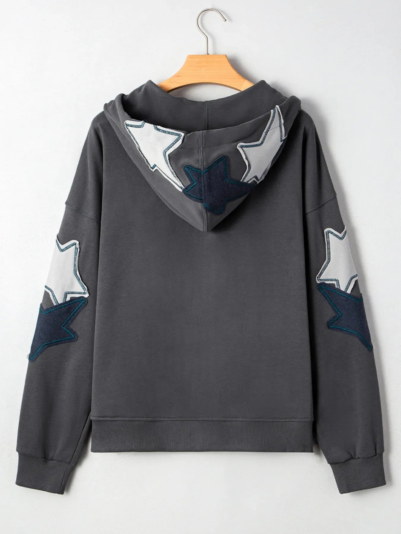 Star Patchwork Contrast Stitching Mineral Wash Kangaroo Pocket Hoodie