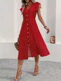 Button-Front Midi Dress with Ruffle Sleeves