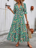 Printed V-Neck Flounce Sleeve Dress