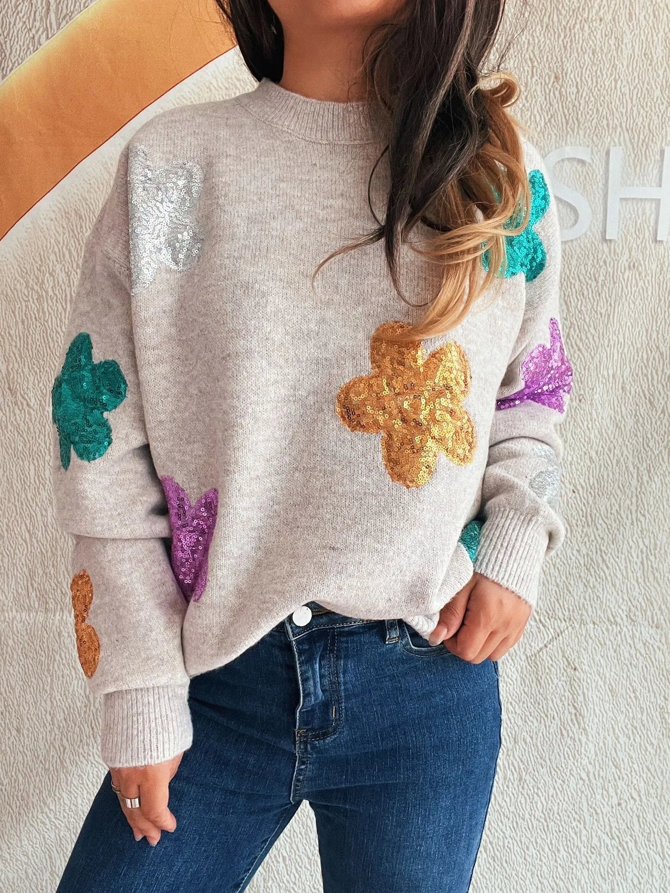 Sequin Flower Round Neck Long Sleeve Sweater