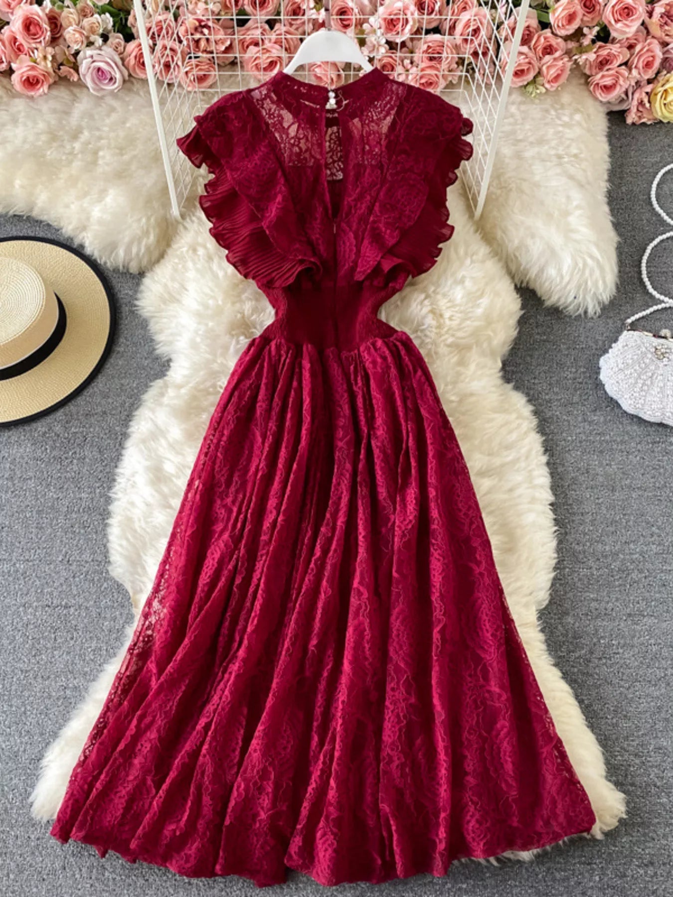 Ruffled Mock Neck Lace Maxi Dress