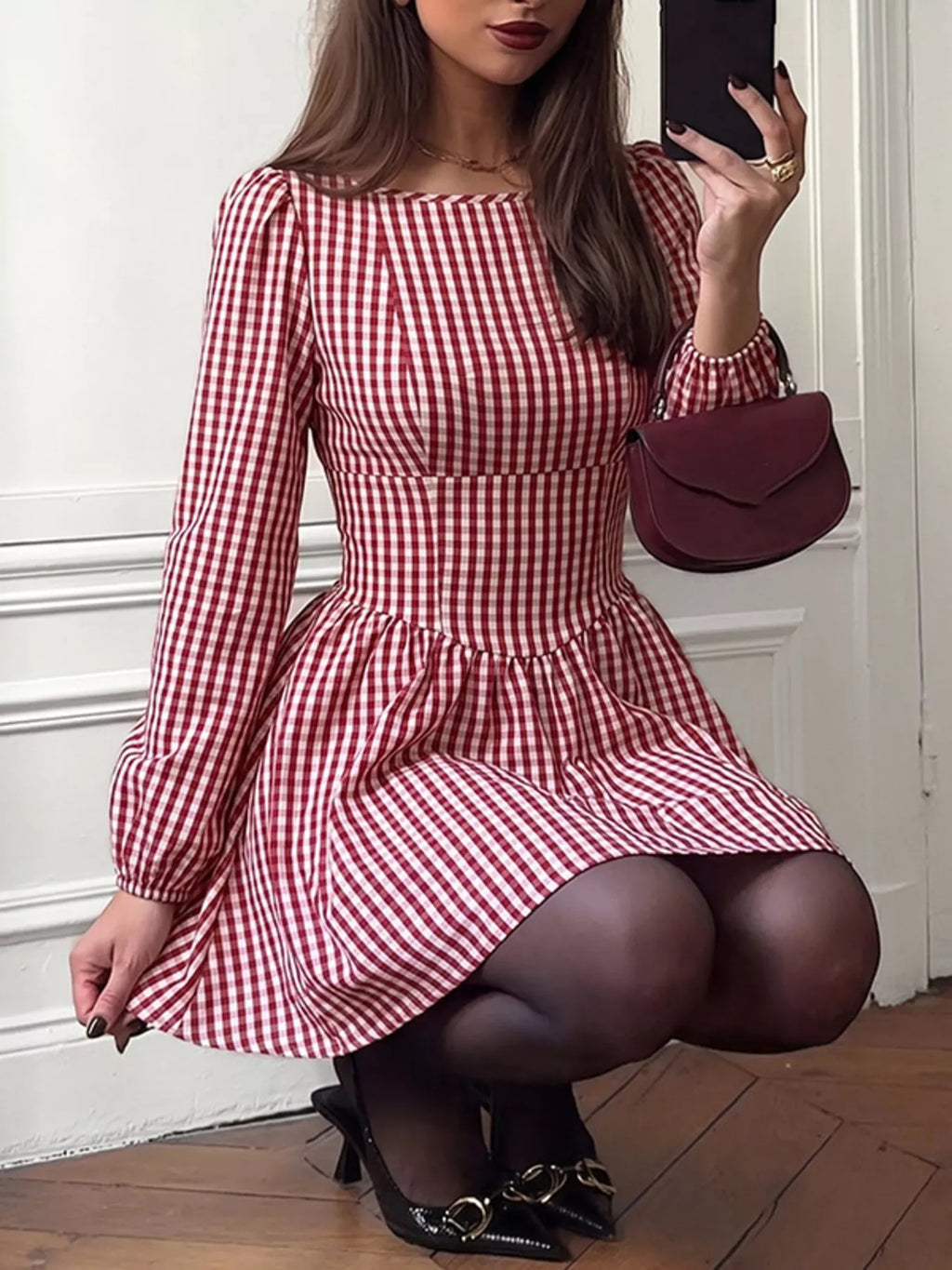 Backless Plaid Long Sleeve Dress