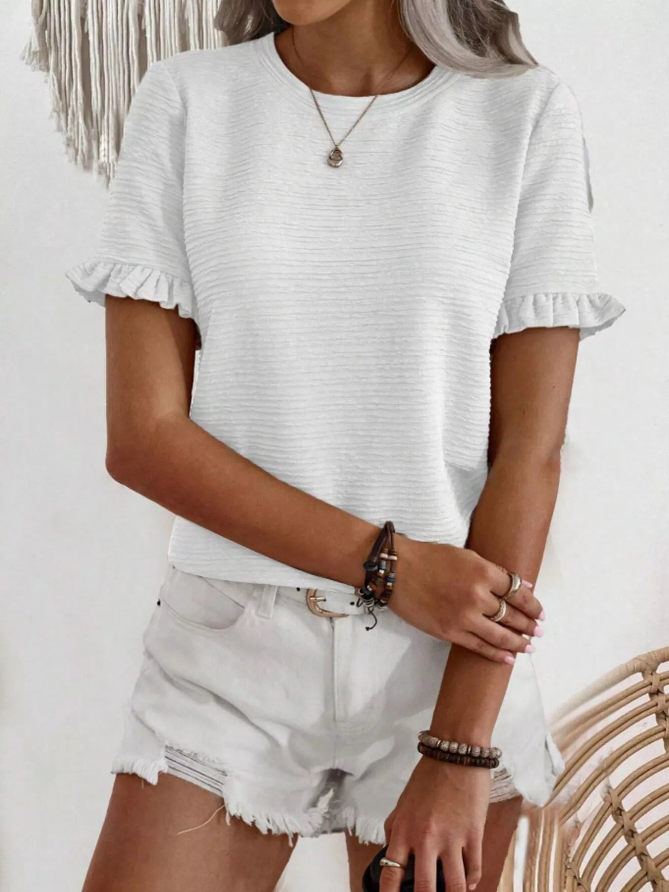 Textured Ruffle Sleeve Round Neck T-Shirt