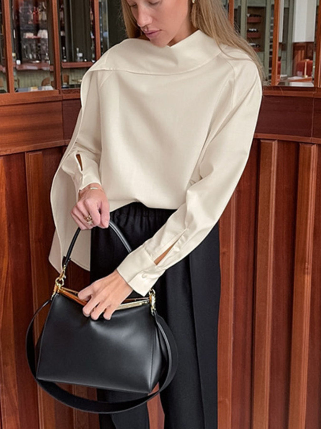 Asymmetrical High Collar Long Sleeve Blouse