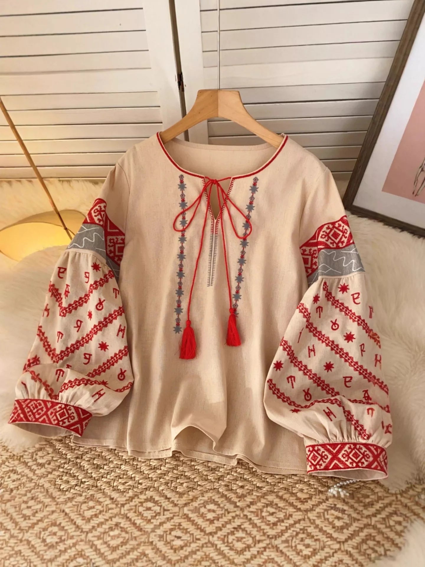 Embroidered Tie Neck Blouse