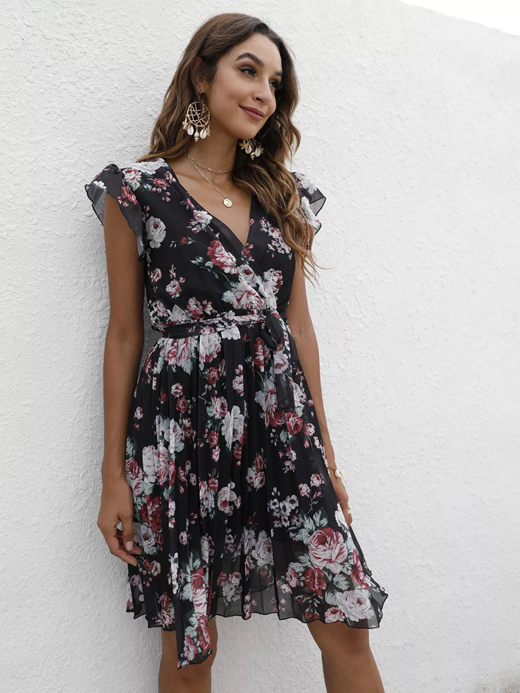 Pleated Floral Print Ruffle Sleeve Dress