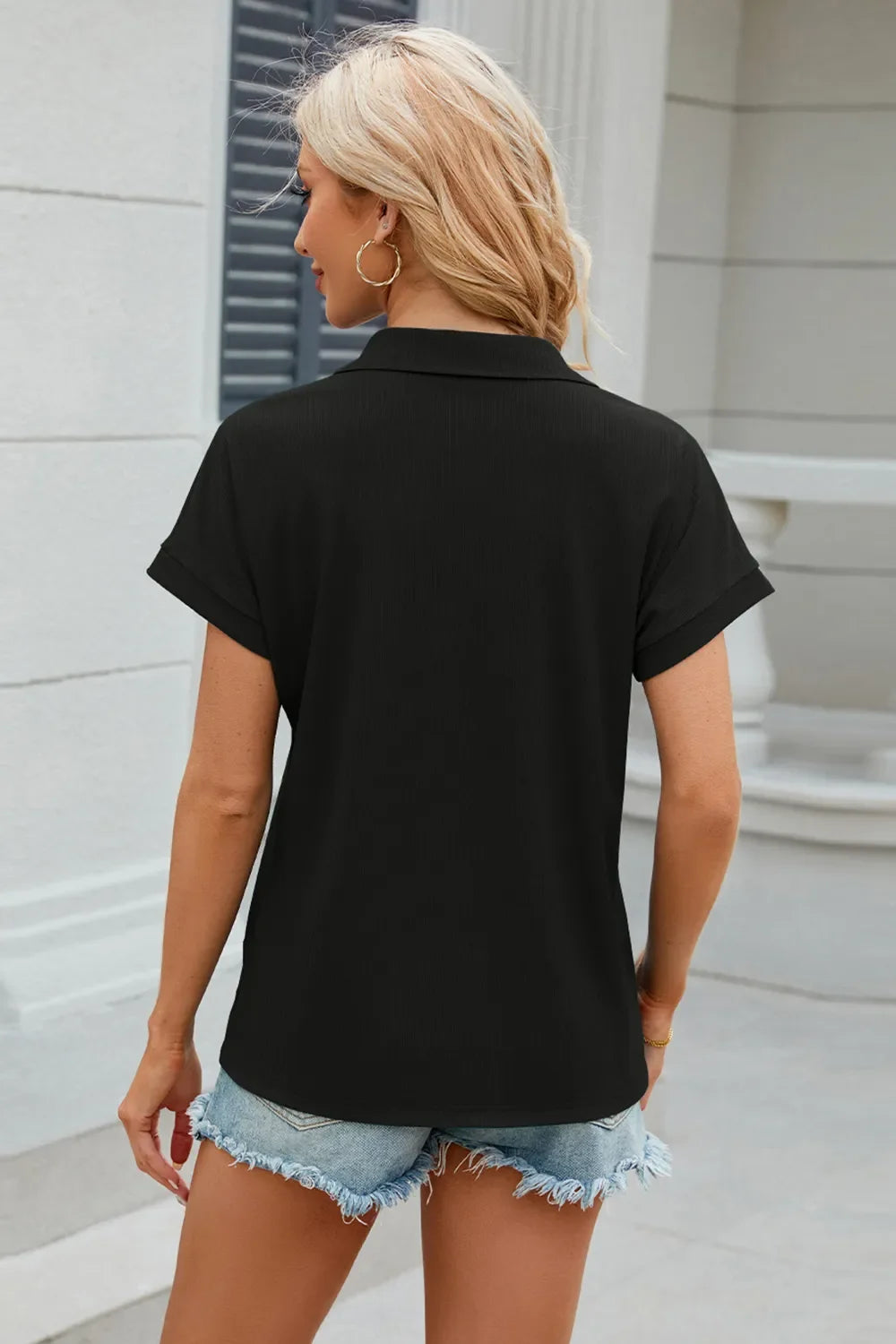 Johnny Collar Short Sleeve Blouse