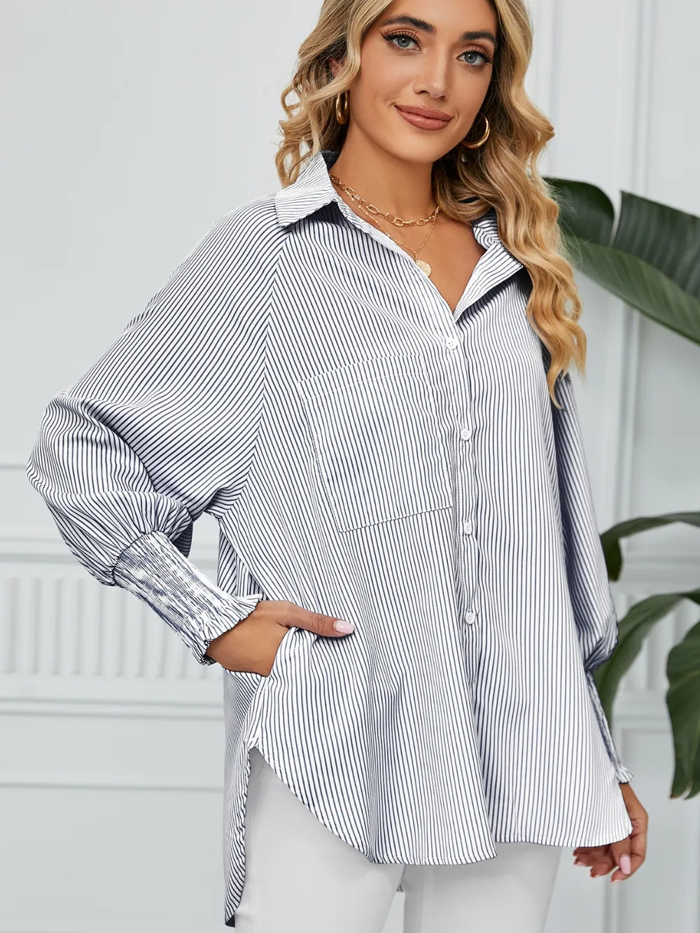 Striped Collared Neck Long Sleeve Shirt