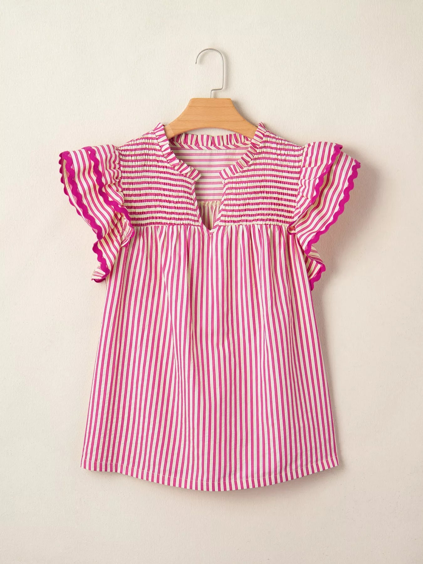 Stripe Shirred Yoke Ruffled Short Sleeve Blouse