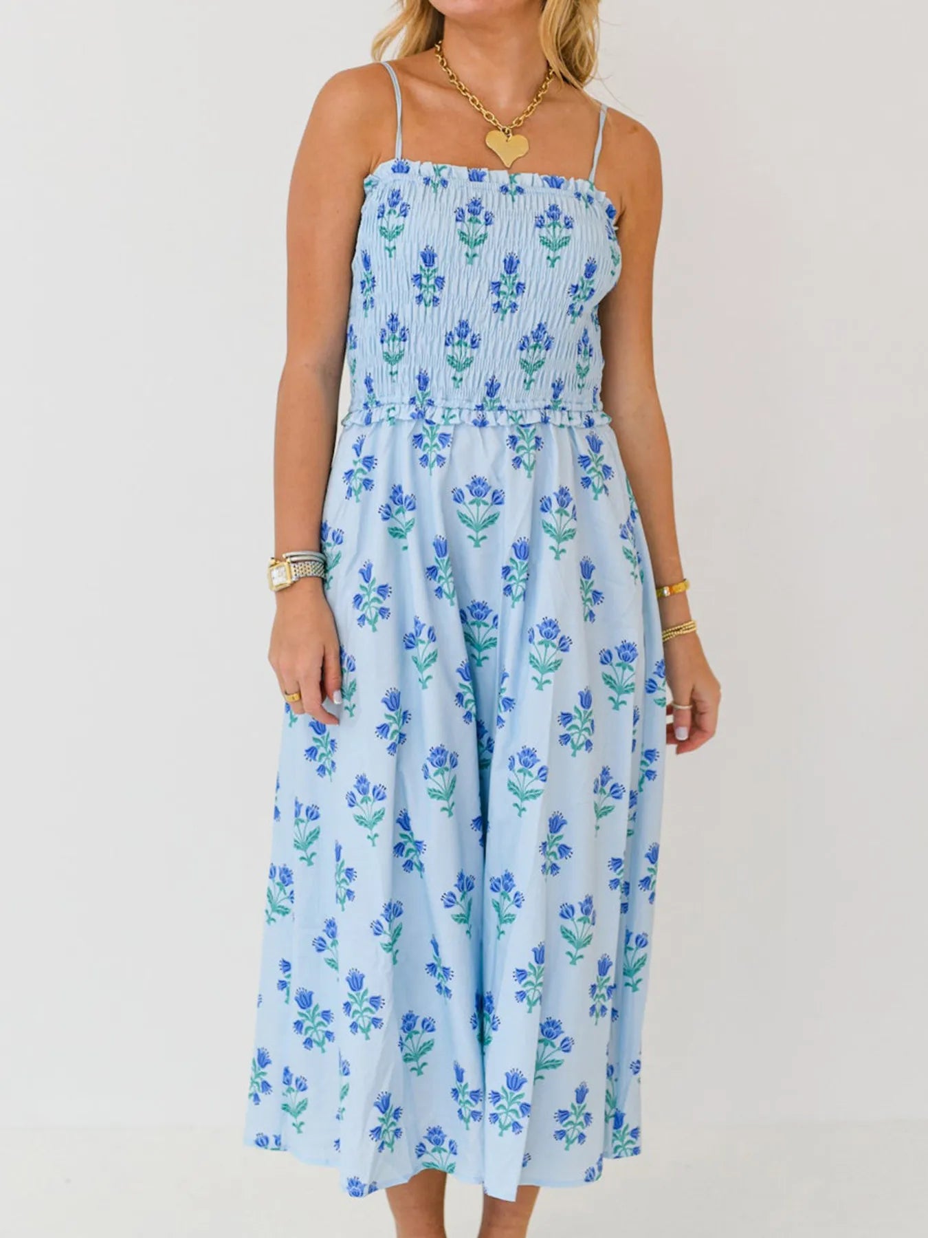 Floral Smocked Adjustable Strap Midi Cami Dress