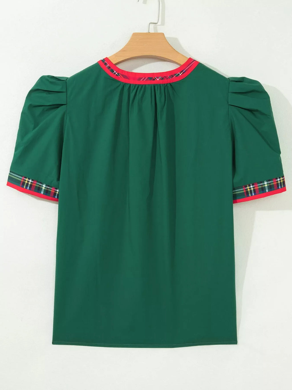 Plaid Trim V Neck Short Sleeve Shift Blouse