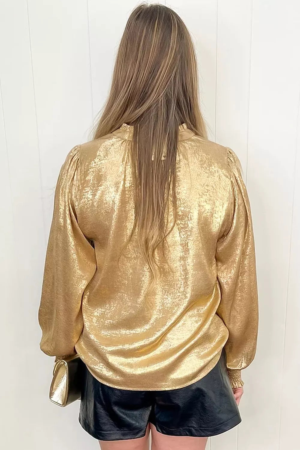 Metallic Sheen V Neck Gathered Cuff Long Sleeve Blouse