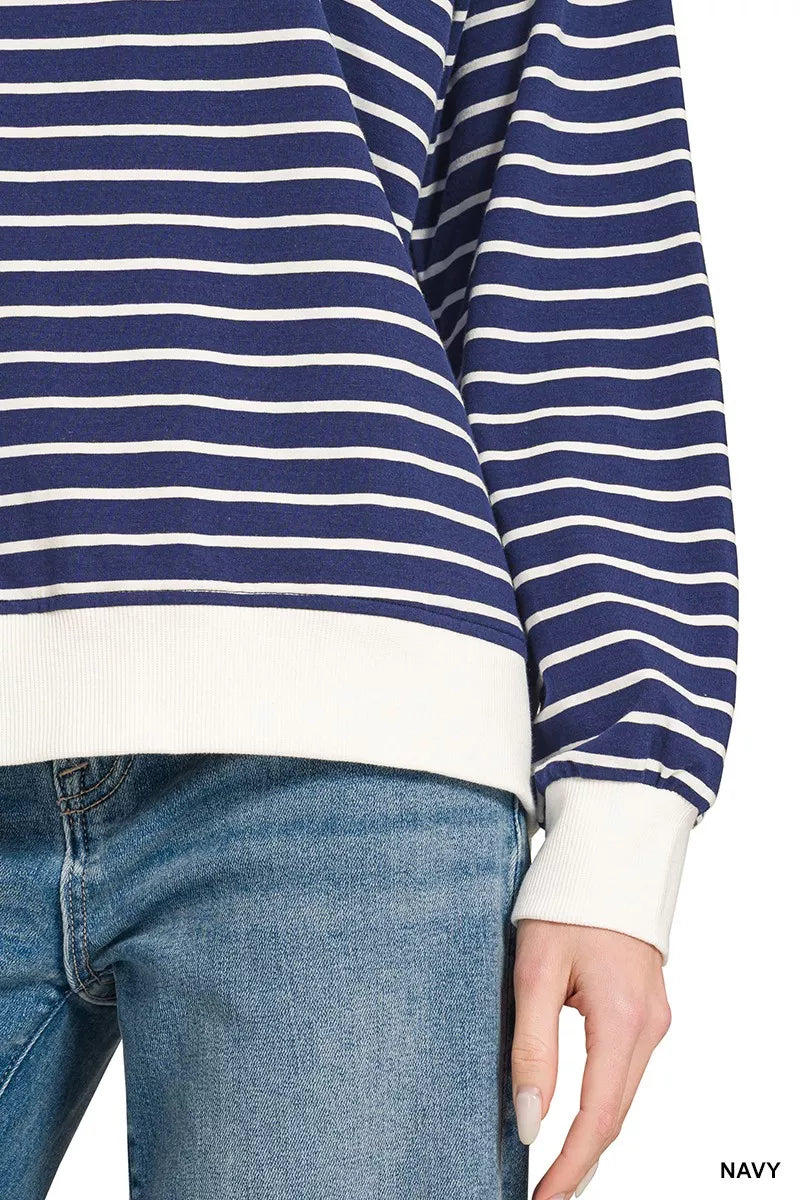 Zenana Contrast Striped Round Neck Sweatshirt