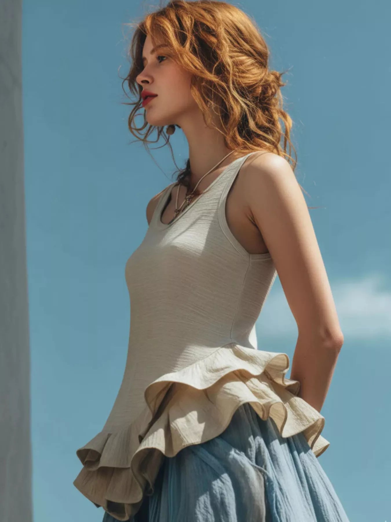 Ruffled Hem Round Neck Tank