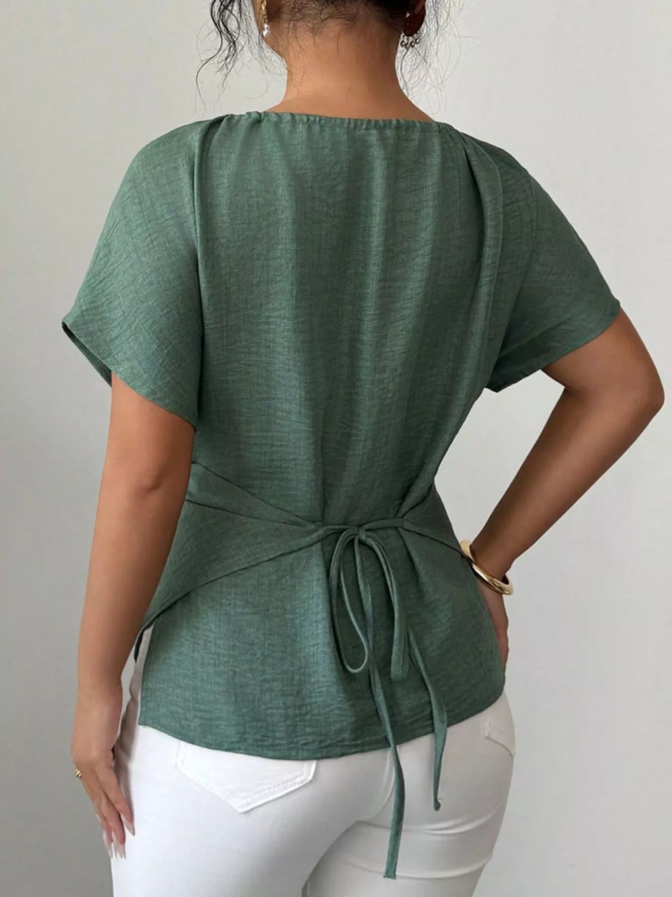 Beaded Neckline Short Sleeve Blouse