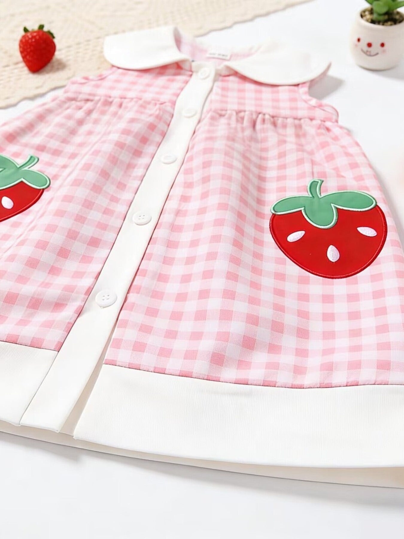 Children's Fruit Embroidered Sleeveless Plaid Dress