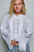 POL Woven Lace Trim Pintuck Button-Down Shirt