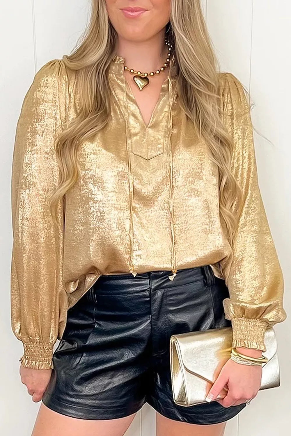 Metallic Sheen V Neck Gathered Cuff Long Sleeve Blouse