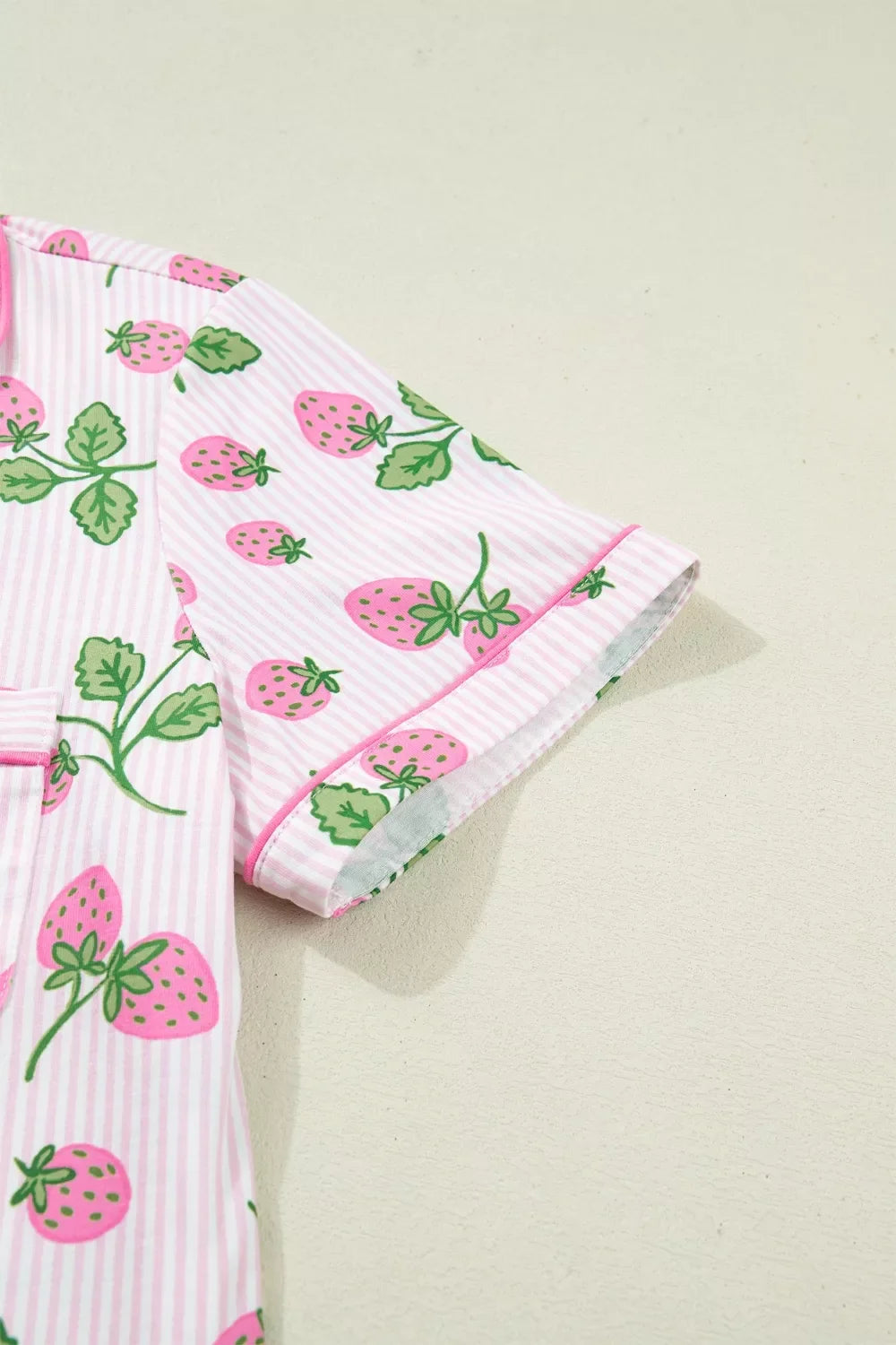 Striped Strawberry Print Lapel Shirt Drawstring Shorts 2pcs Pajama Set