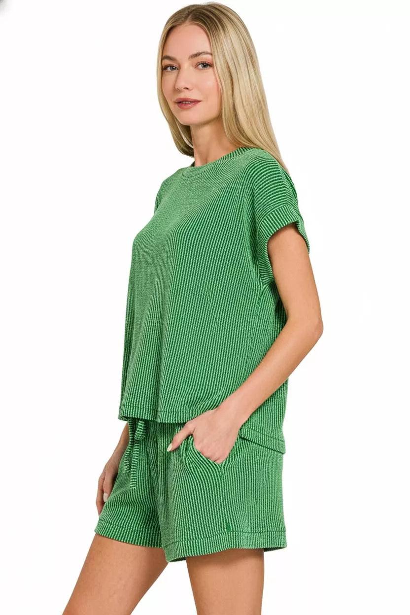 Zenana Raised Rib Cap Sleeve Top & Shorts Set