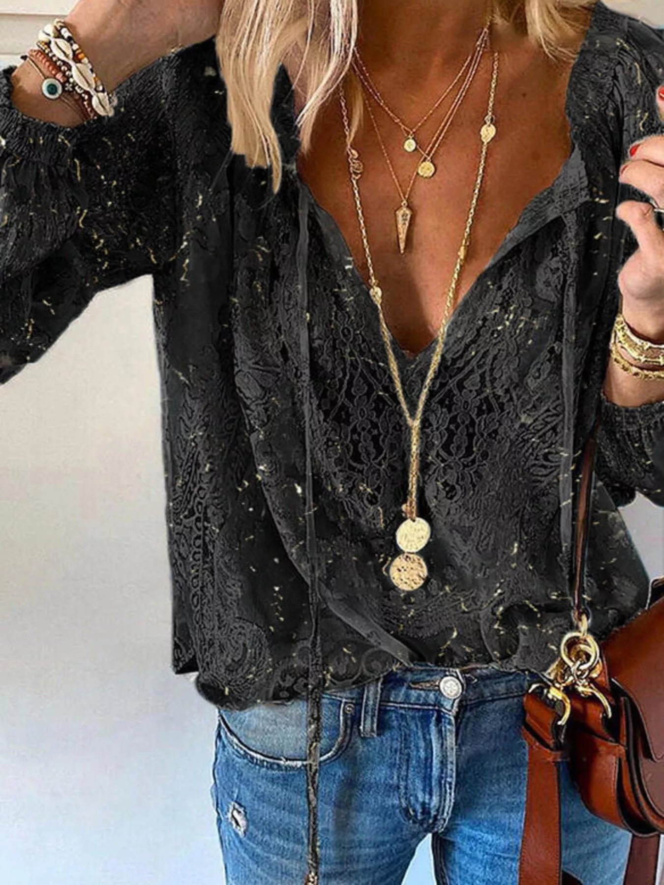 Lace Tie-Neck Blouse