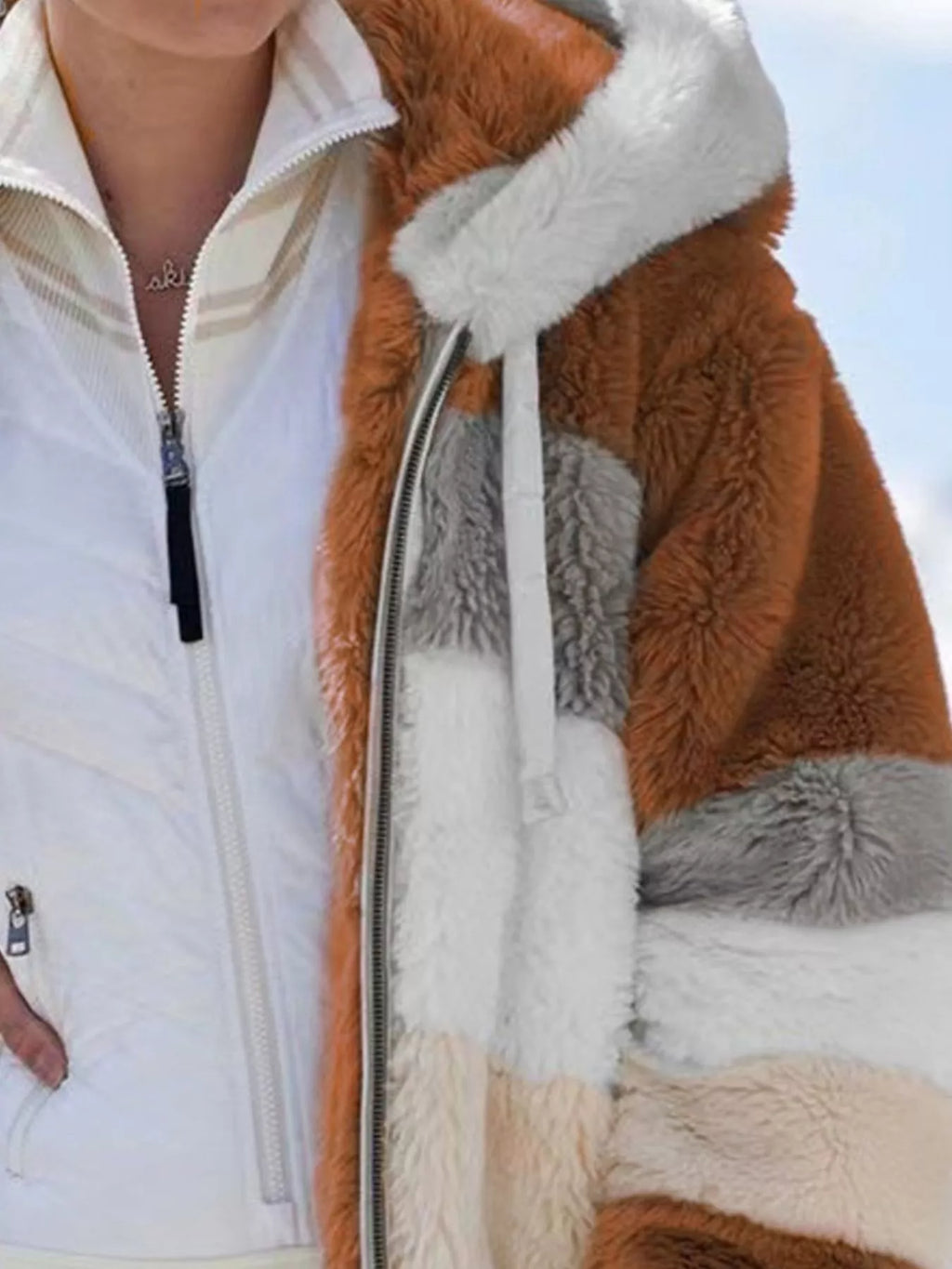 Full Size Fuzzy Zip Up Hooded Outerwear Plus Size