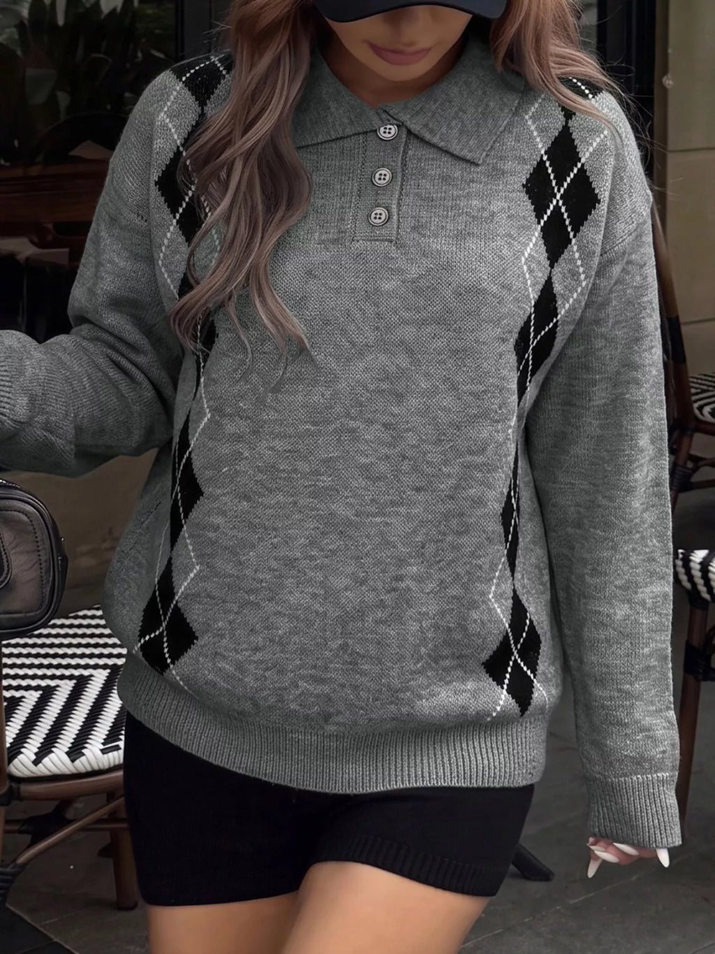 Argyle Patterned Polo Collar Sweater