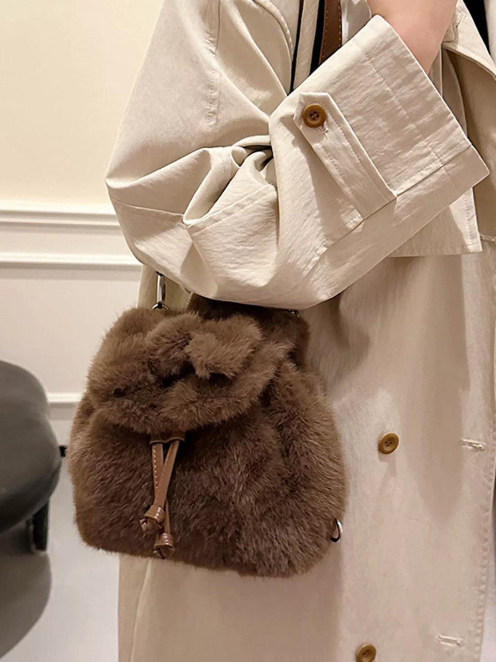 Fuzzy Plush Drawstring Backpack Bag