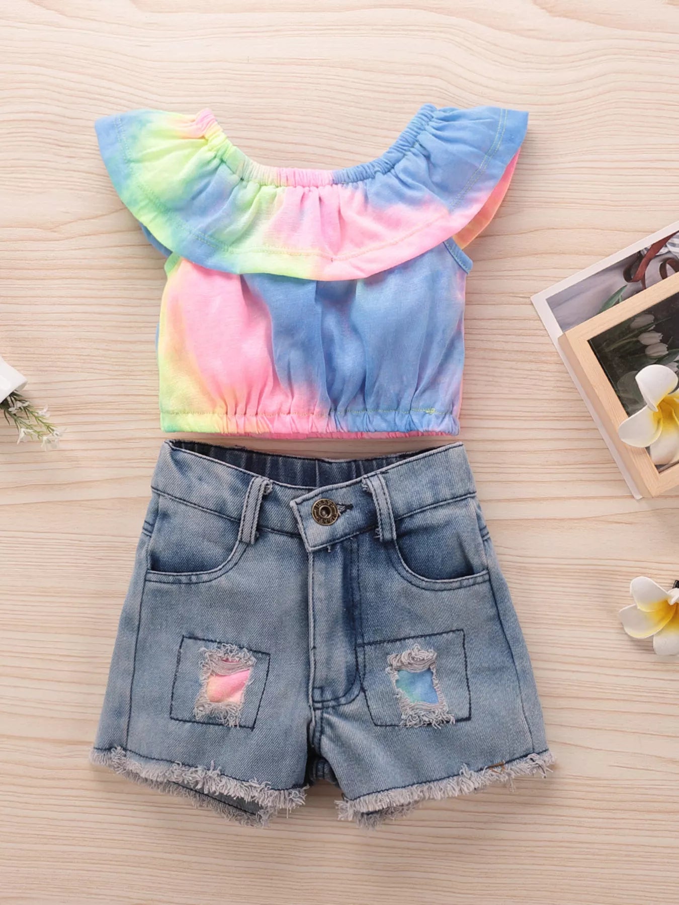 Children's Tie-Dye Ruffle Crop Top and Distressed Denim Shorts Set