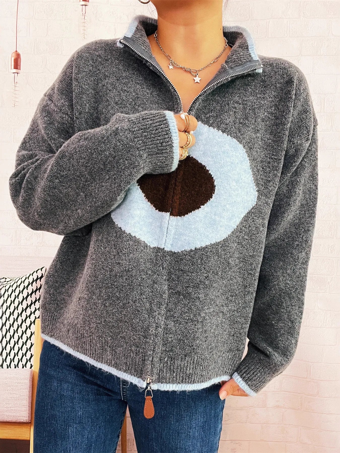 Zip-Up Contrast Trim Cardigan