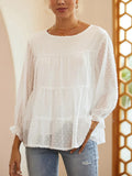 Swiss Dot Ruffled Round Neck Long Sleeve Blouse