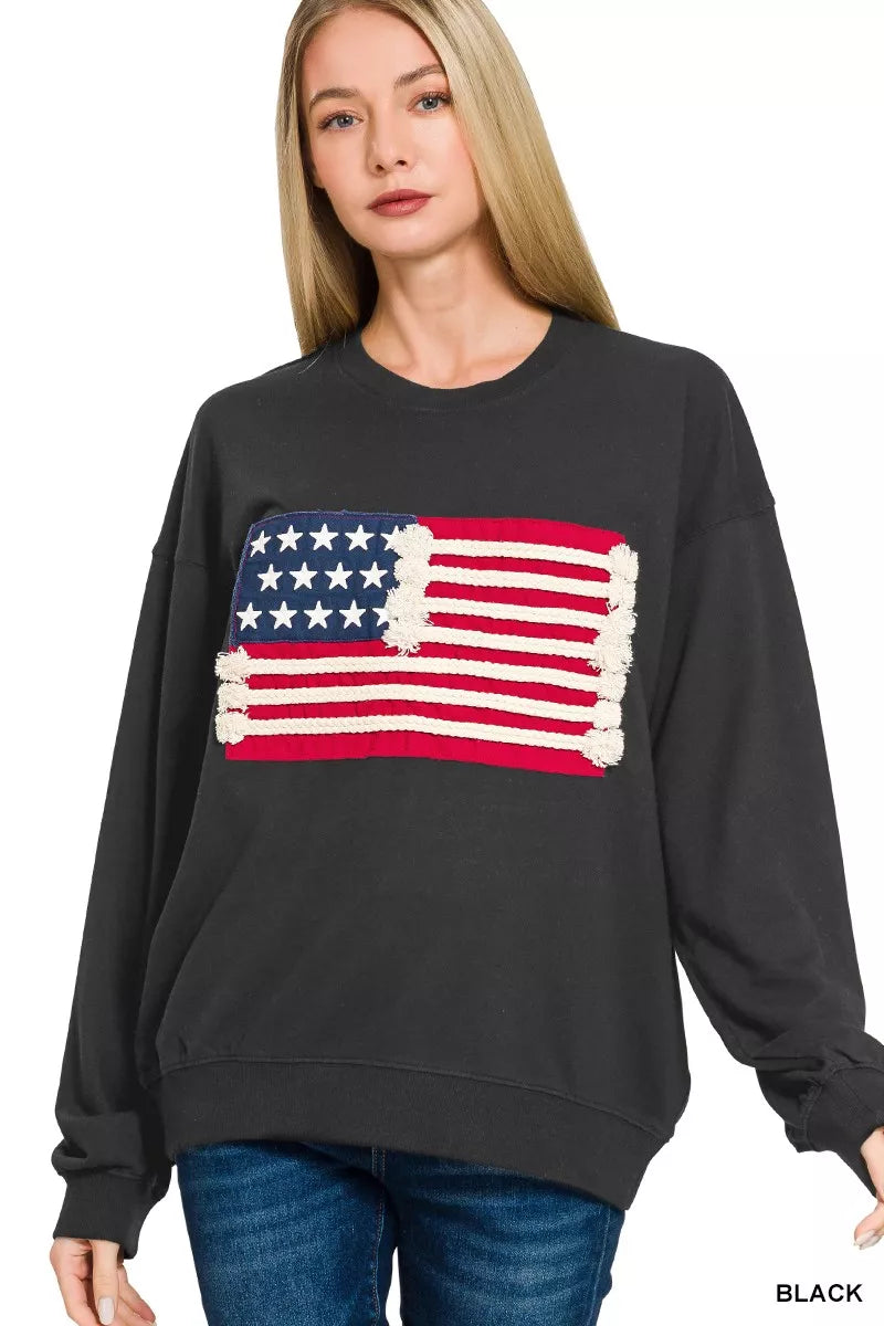 Zenana French Terry American Flag Pullover