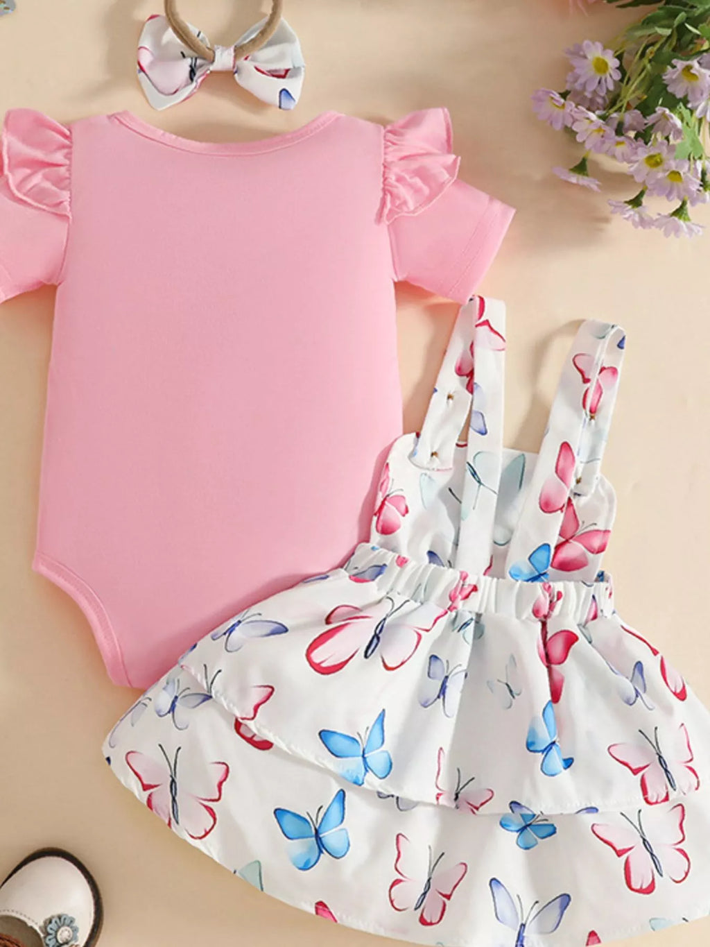Children's Ruffled Bodysuit and Dress Set with Headband