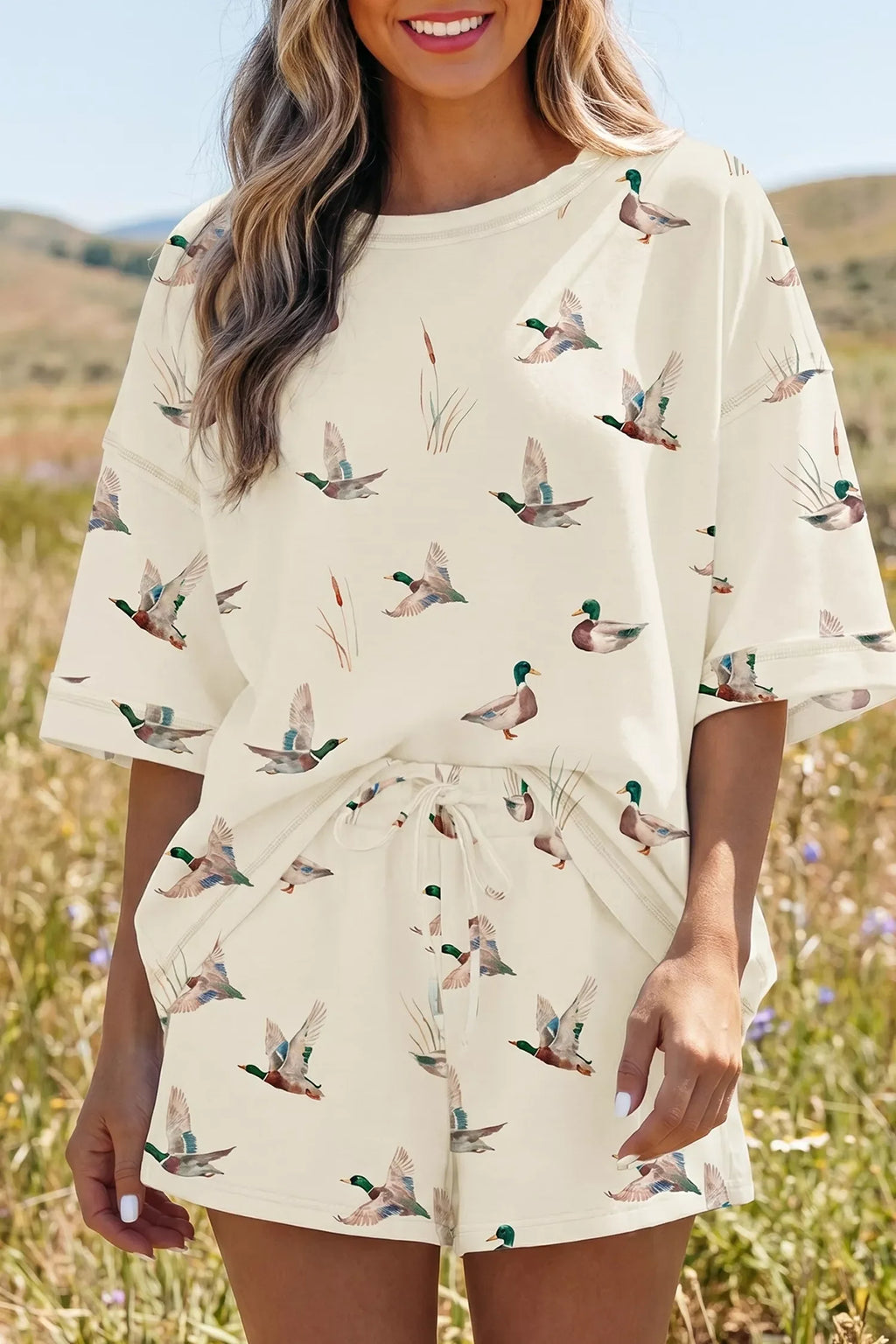 Mallard Duck Print Oversized Tee Drawstring Short Set