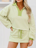 Collared Neck Striped Top and Drawstring Skirt Set