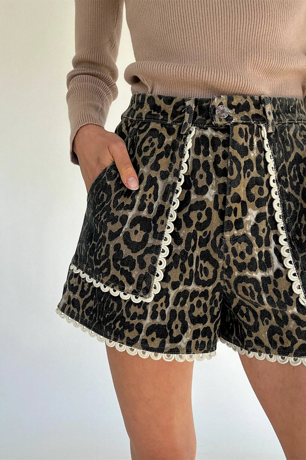 Lace Trim Leopard Denim Shorts