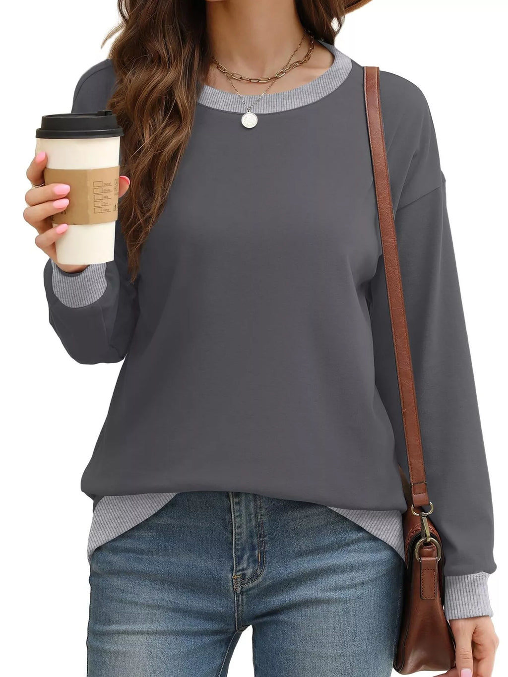 Contrast Trim Crew Neck Casual Sweatshirt